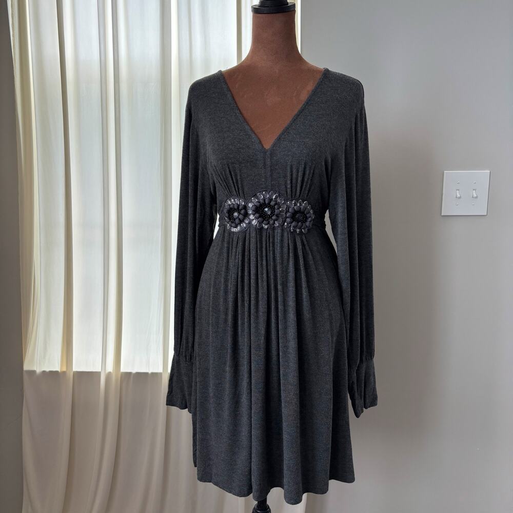2000s Vintage ICE Gray V Neck Rhinestone Beaded Tie Back Dress Small (4/6)